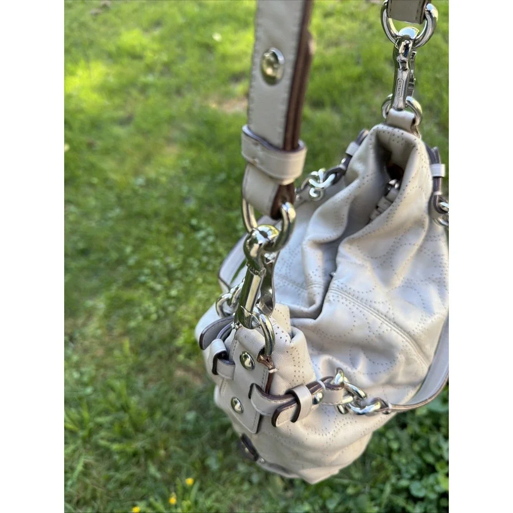COACH Brooke Dove Gray Leather Perforated Signature Hobo Purse Boho